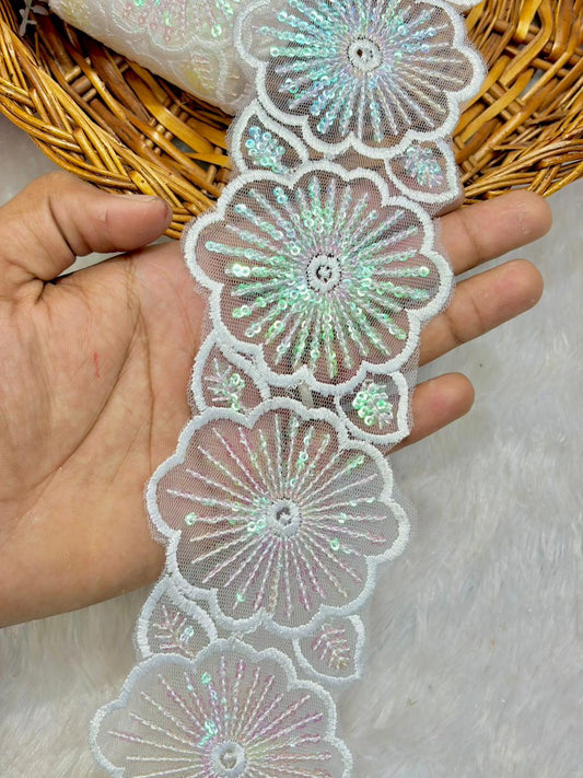 Premium White Floral Sequin✅dyble Embroidered Net Lace Border multi sequince( pack of 9 mter )
