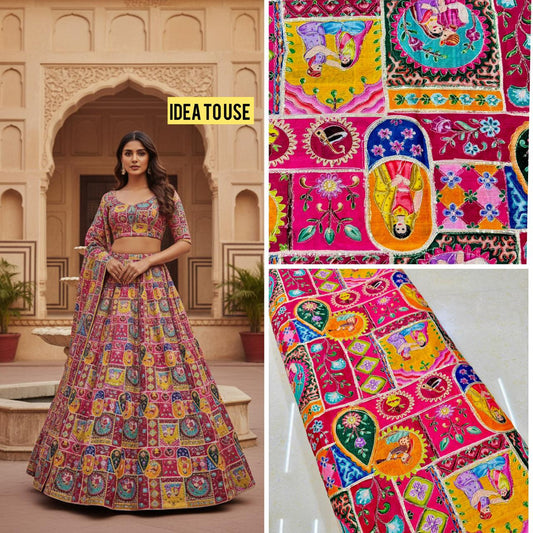 Beautiful 🥹👸🤴raja rani Multicolor Gujarati Embroidered chinon Fabric Traditional Fabri focr Blouse,👗Lehenga, Dupatta, and Home Décor | Festive Ethnic Material( 44-45 )width