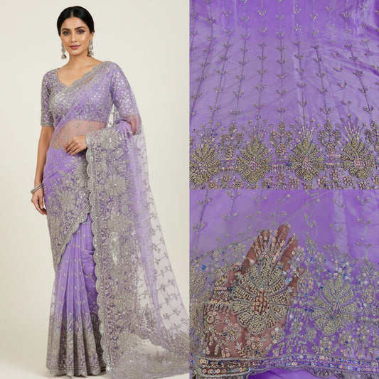 Heavy Sequin handwork net Embroidered Net Fabric for, Saree, Gown & Lehenga Design – Pink Base Designer Embroidery Fabric 50 width panna