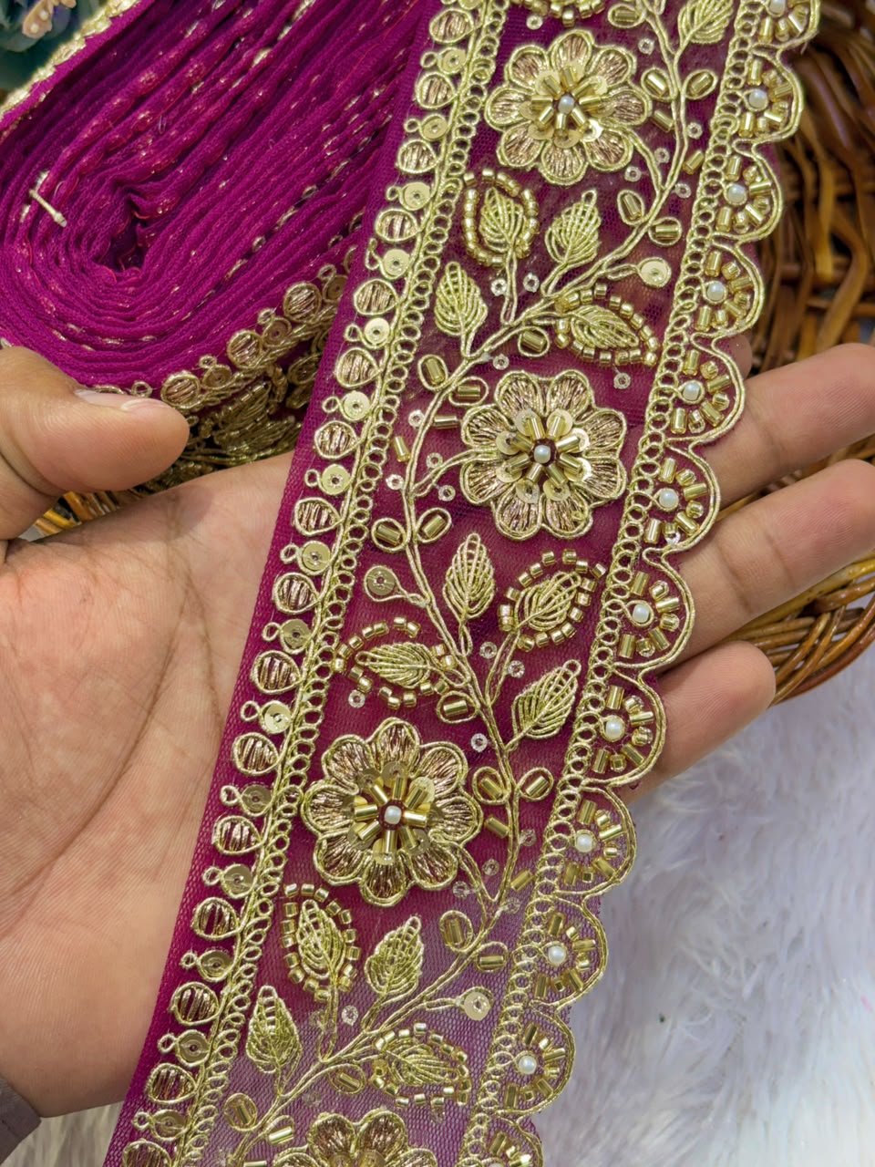 ✨ Premium Golden Embroidered Zari Lace – Elegant Decorative Border pack of 9 meter WINE
