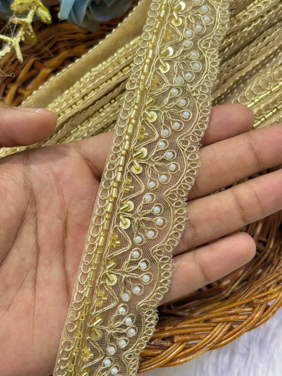 ✨ Premium Golden hand made Embroidered Zari Lace – Elegant Decorative Border pack of 9 meter golden