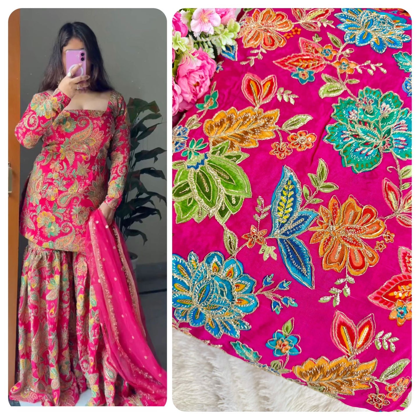 👗LUXURY NATURAL CRAPE FLORAL PRINT EMBROIDERY WITH SEQUINS 44 INCH WIDTH