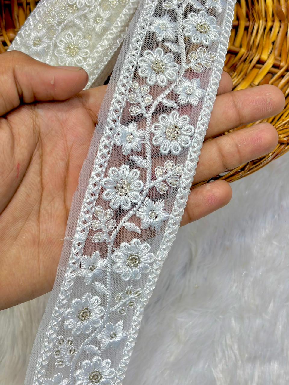 Premium Dyable White Floral Embroidered Net Lace Border pack of 9 meter ✅ DYBLE