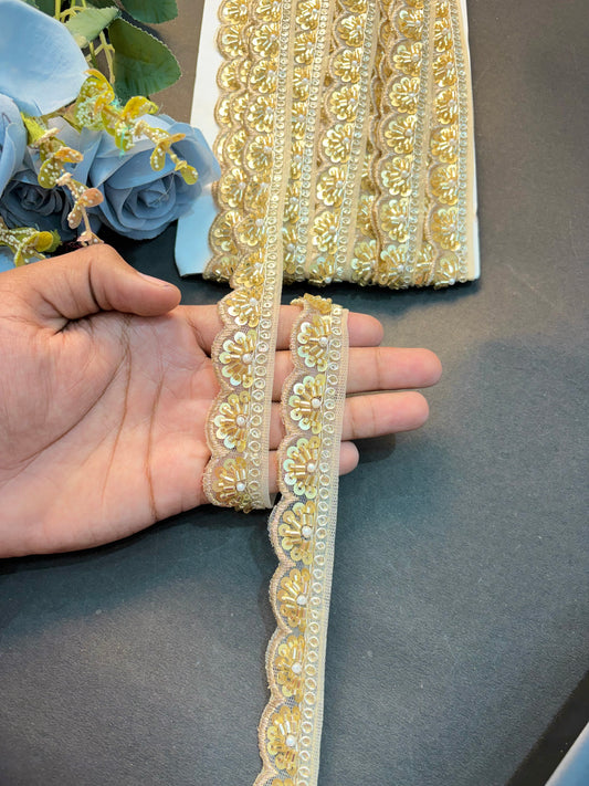 Golden & White Beaded Embroidered Lace Border bridal use for Saree, Dress, Dupatta & Craft – Fancy Designer Trim Roll (9 Meter)