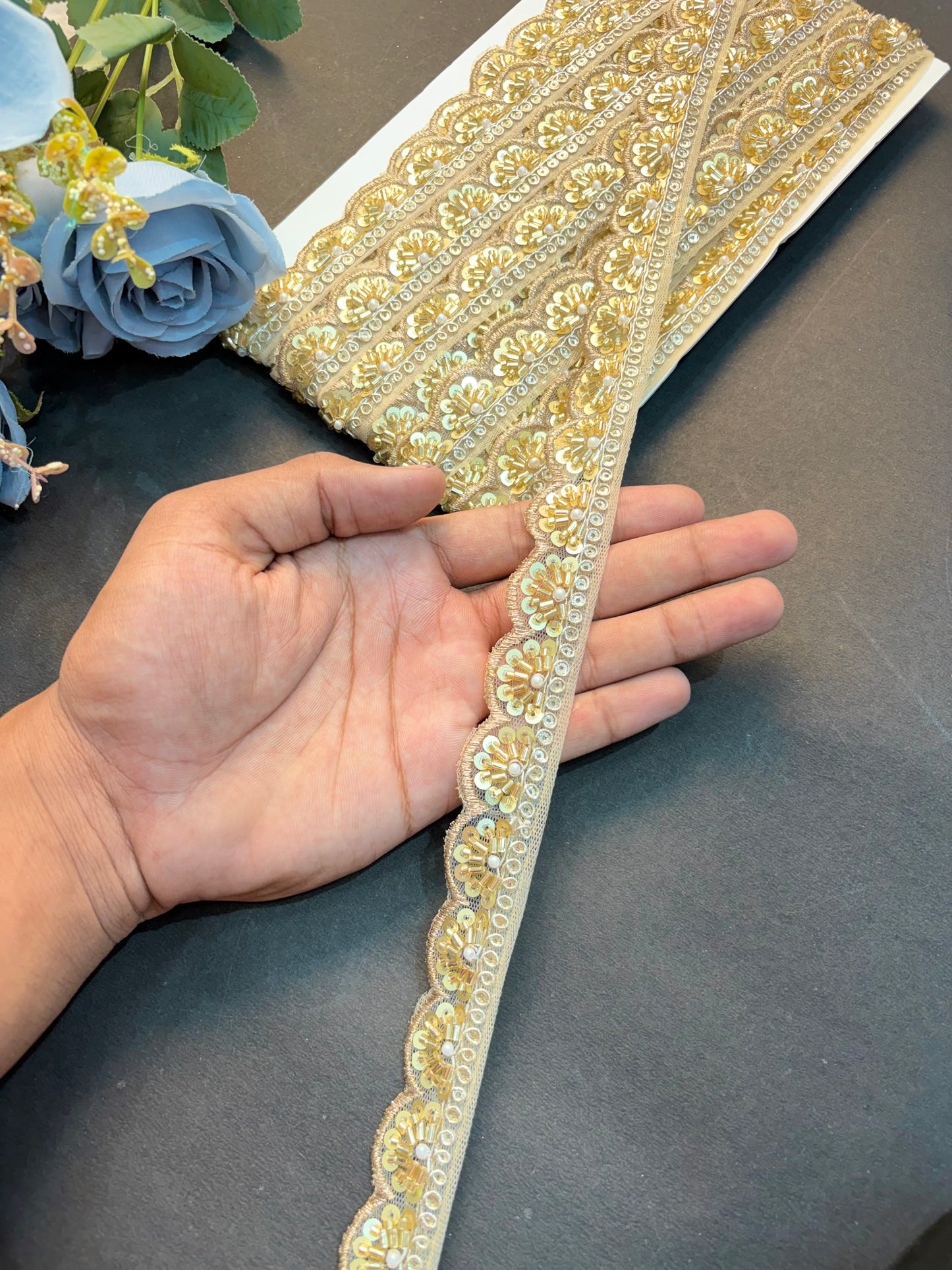 Golden & White Beaded Embroidered Lace Border bridal use for Saree, Dress, Dupatta & Craft – Fancy Designer Trim Roll (9 Meter)