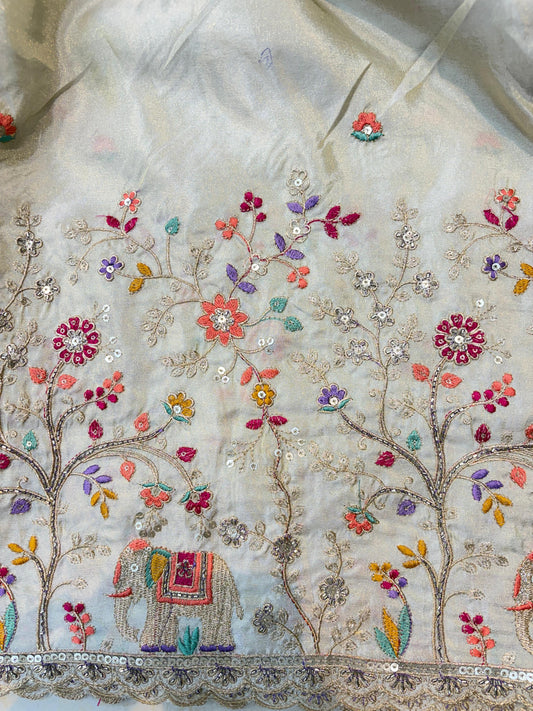 ๐Royal Forest Elephant Ivory Cream ๐Embroidered Pure๐ฅป Viscose Tissue Fabric width44