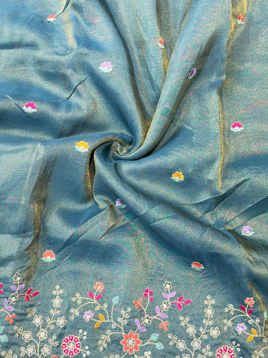 🐘Royal Forest Elephant Teal Green 👗Embroidered Pure🥻 Viscose Tissue Fabric width44