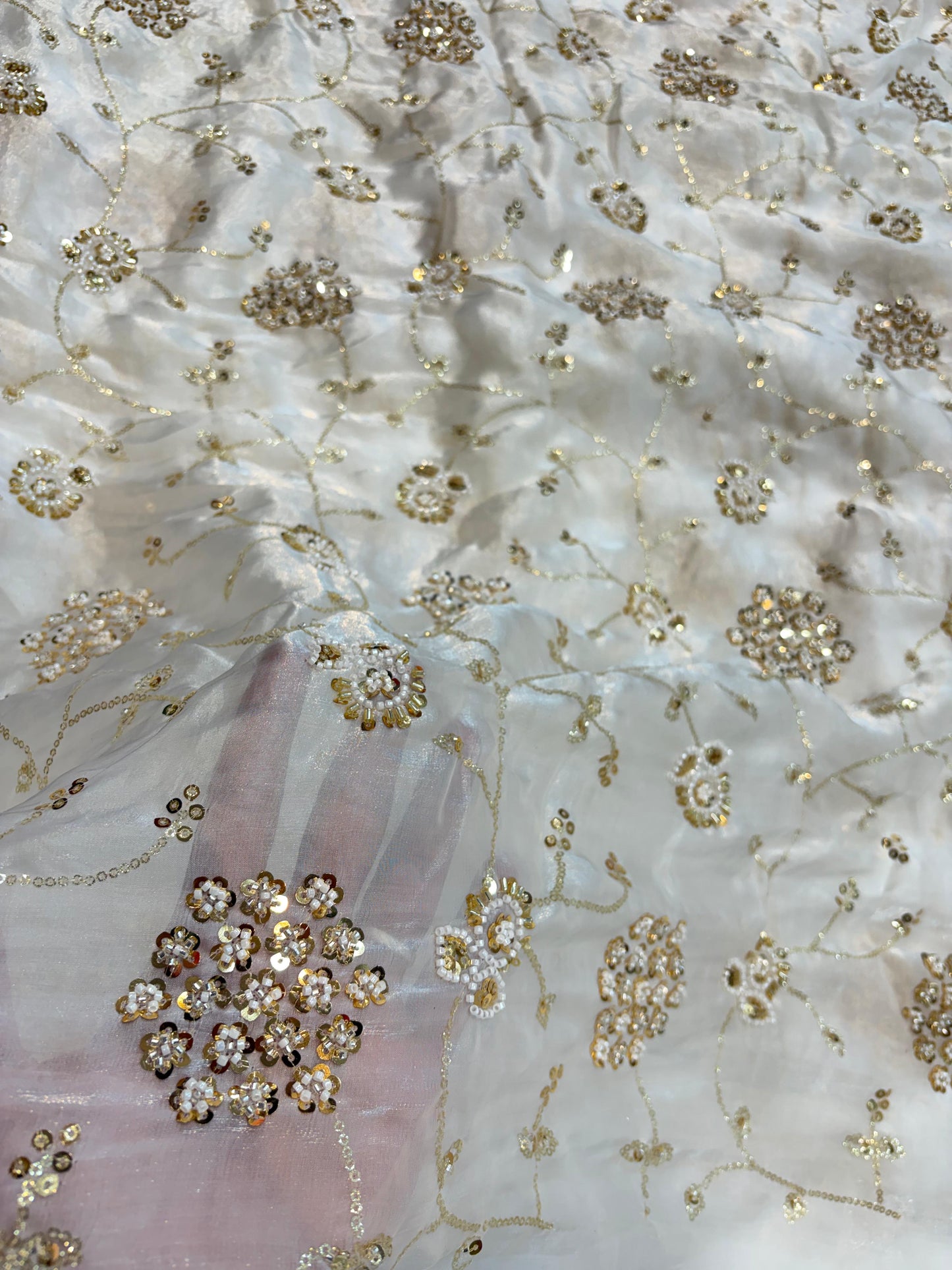 Pearl White Premium Space Silk All Over Hand Work Width44 Saree Lehenga