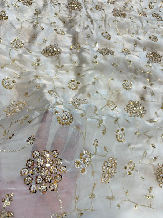Pearl White Premium Space Silk All Over Hand Work Width44 Saree Lehenga