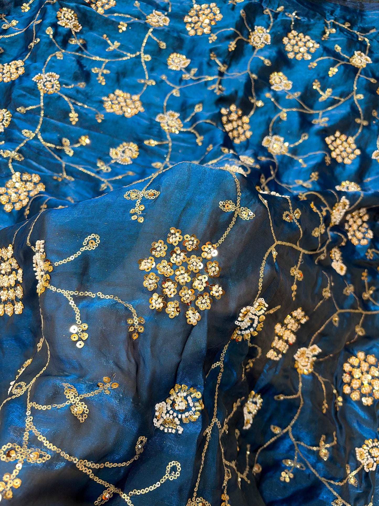 Teal Blue Premium Space Silk All Over Hand Work Width44 Saree Lehenga