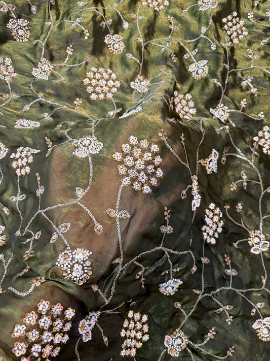 Olive Green Premium Space Silk All Over Hand Work Width44 Saree Lehenga