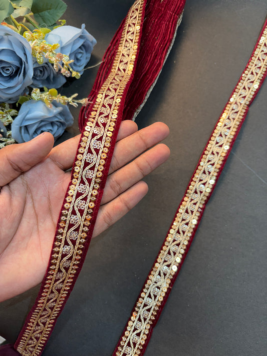 Maroon Velvet Golden Zari Sequin Embroidery Lace Border for Saree, Dupatta & Lehenga – Fancy Designer Velvet Trim 9 metr Roll (1 Inch Width)” Price : 299