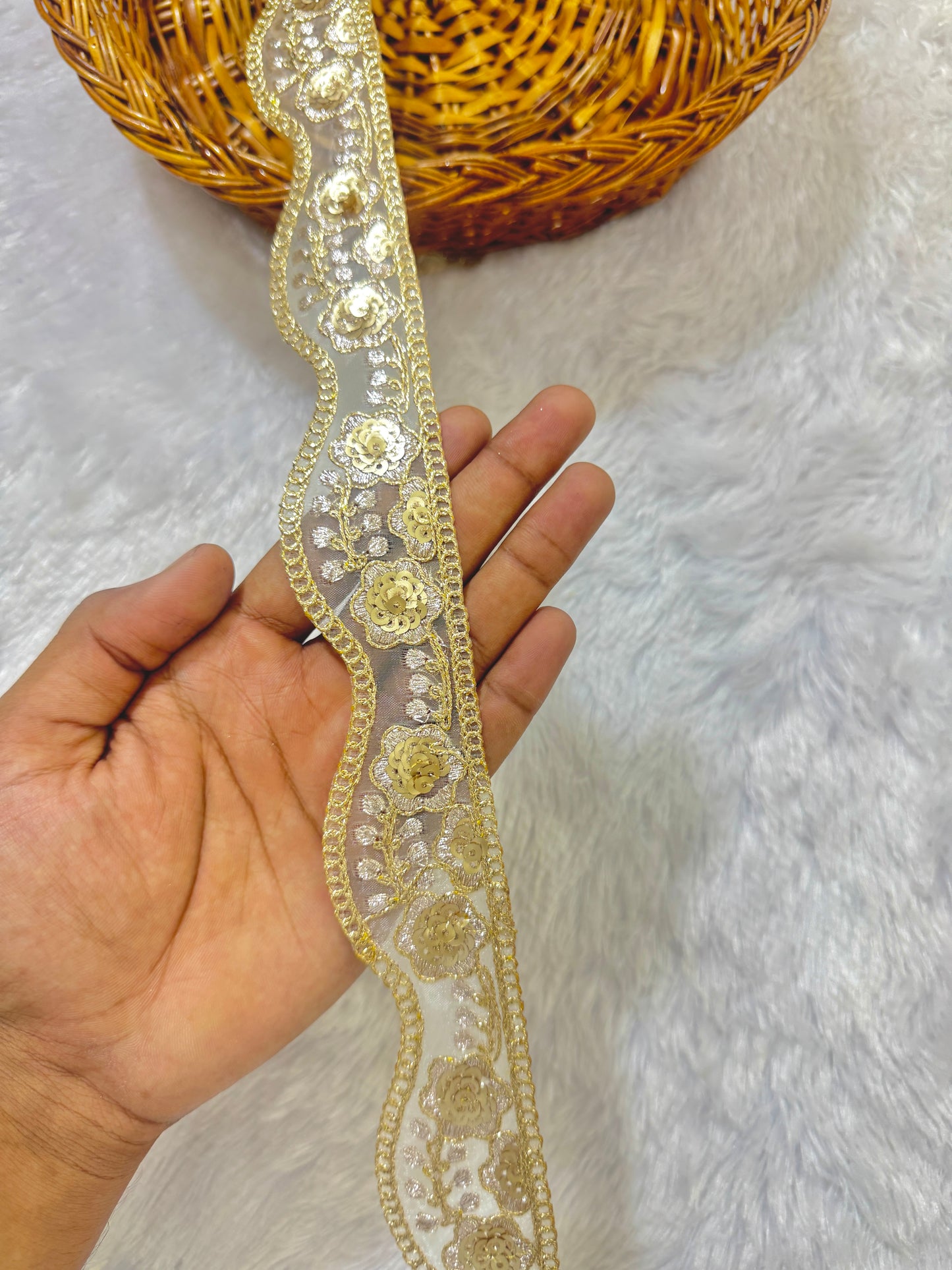 Golden Floral Zari Sequin Embroidered Lace Border for Saree, Dupatta, and Dress β Fancy Net Lace Trim (2 Inch Width) pack of (9 meter )