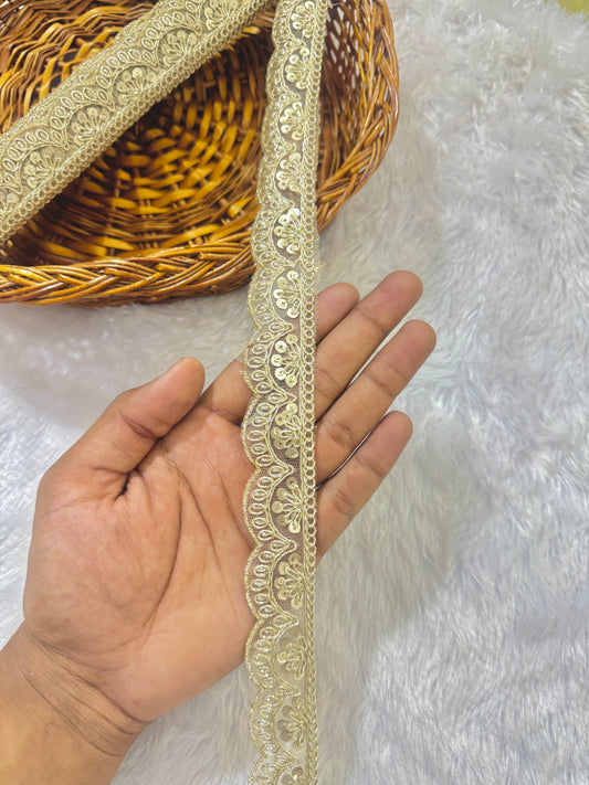 Golden Zari Sequin Embroidered small Lace Border for Saree, Dupatta, Lehenga, and Dress – Fancy Scallop Design Trim (1 Inch Width)