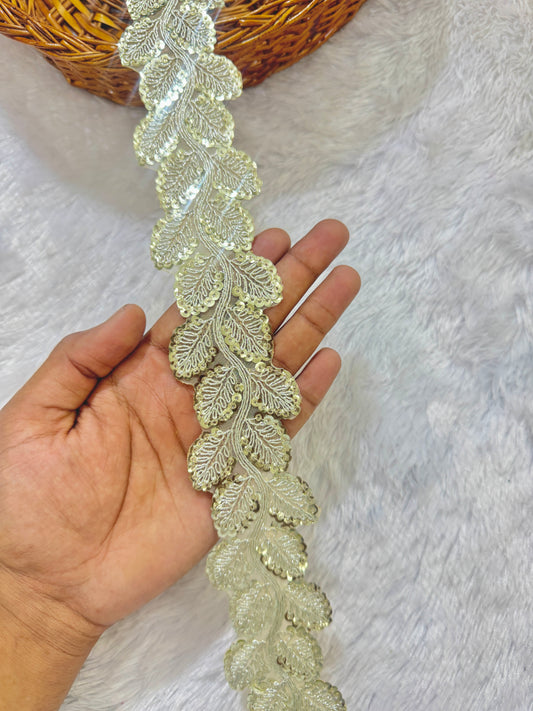 Golden Leaf Design Zari Sequin Embroidered Lace Border for Saree, Dupatta, and Lehenga – Premium Fancy Leaf Pattern Trim (3 Inch Width) (pack of 9 meter)