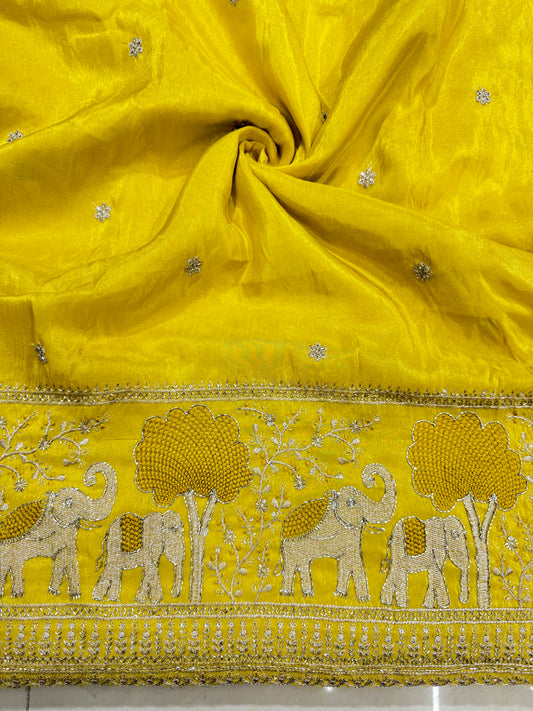 Viscouse tissu with Golden Zari Elephant Border & Floral beats Weave 44-45width