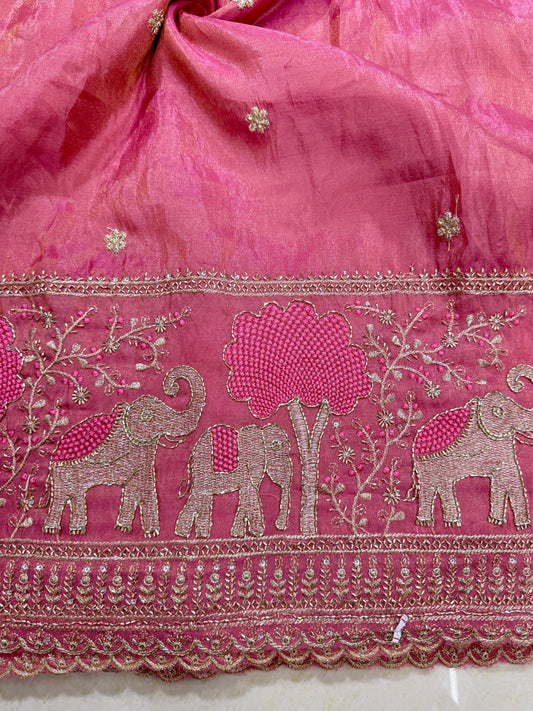 tissu with Golden Zari Elephant Border & Floral beats Weave 44-45width