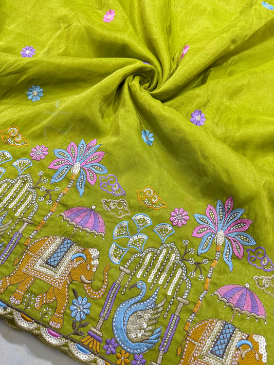 PURE TISSUE MULTI EMBRODERY DAAAMAN STYLE 44-45width MEHANDI GREEN