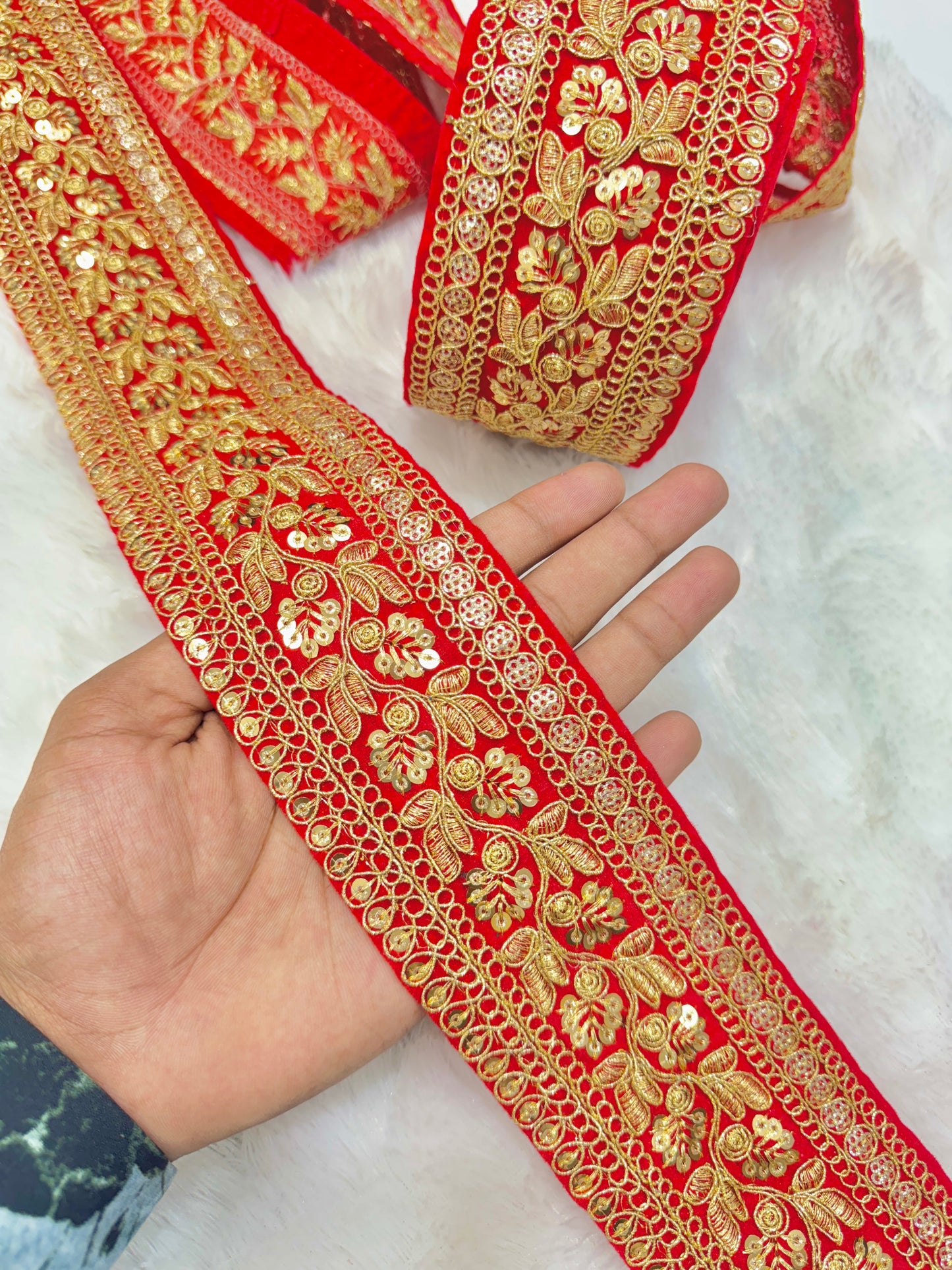 Premium velvet 3 inch gold Zari with sequins Embroidered border for sarees lehengas & Duppata’s Border 9 meter RED