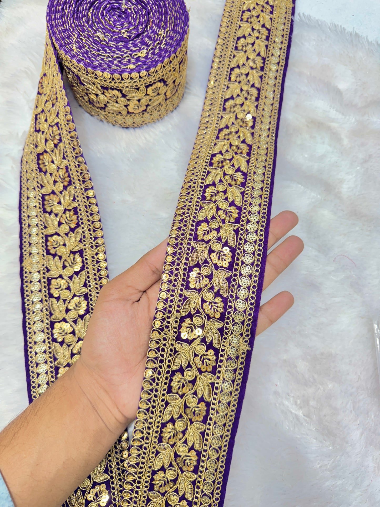 Premium velvet 3 inch gold Zari with sequins Embroidered border for sarees lehengas & Duppata’s Border 9 meter PURPLE