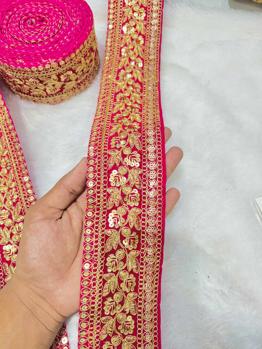 Premium velvet 3 inch gold Zari with sequins Embroidered border for sarees lehengas & Duppata’s Border 9 meter magenta pink