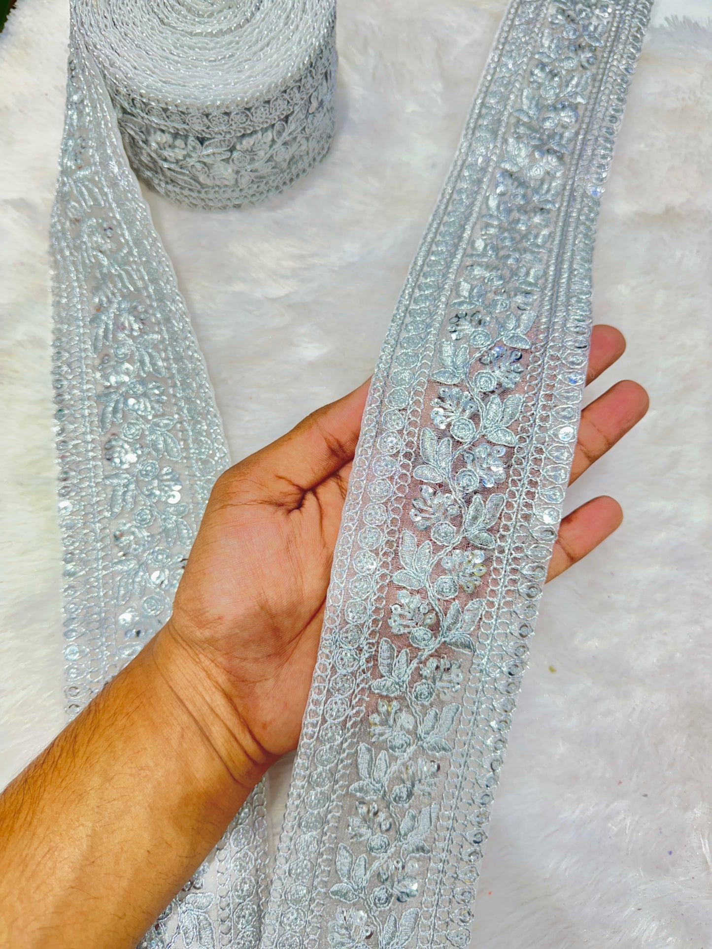 Premium velvet 3 inch gold Zari with sequins Embroidered border for sarees lehengas & Duppata’s Border 9 meter SILVER