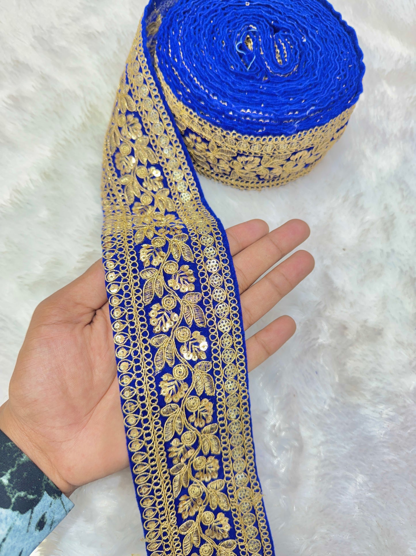 premium velvet 3 inch gold Zari with sequins Embroidered border