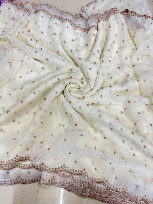 🥻👗Space silk fabrics with 2 side border 44-45 width HALF WHITE