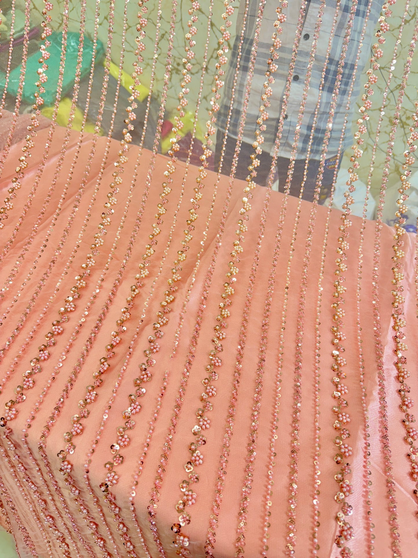 NET IMPORTED HANDWORK NET EMBROIDERY FABRIC 54 INCH WIDTH PEACH