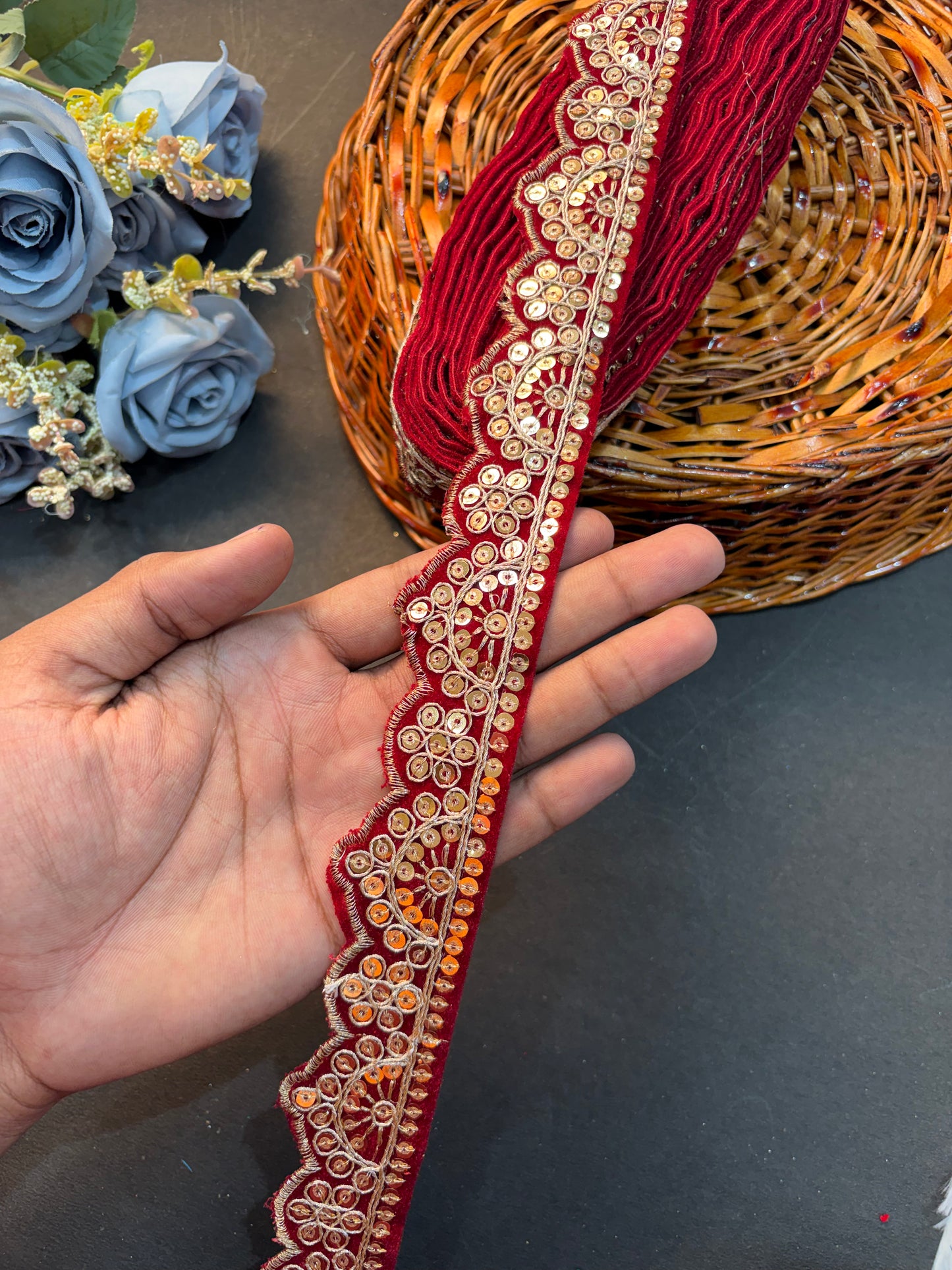 Velvet Lace Border with Golden Zari & Sequin Work | Designer Saree, Dupatta, Lehenga, Blouse Border Trim for Craft & Decoration( pack of 9 meter )