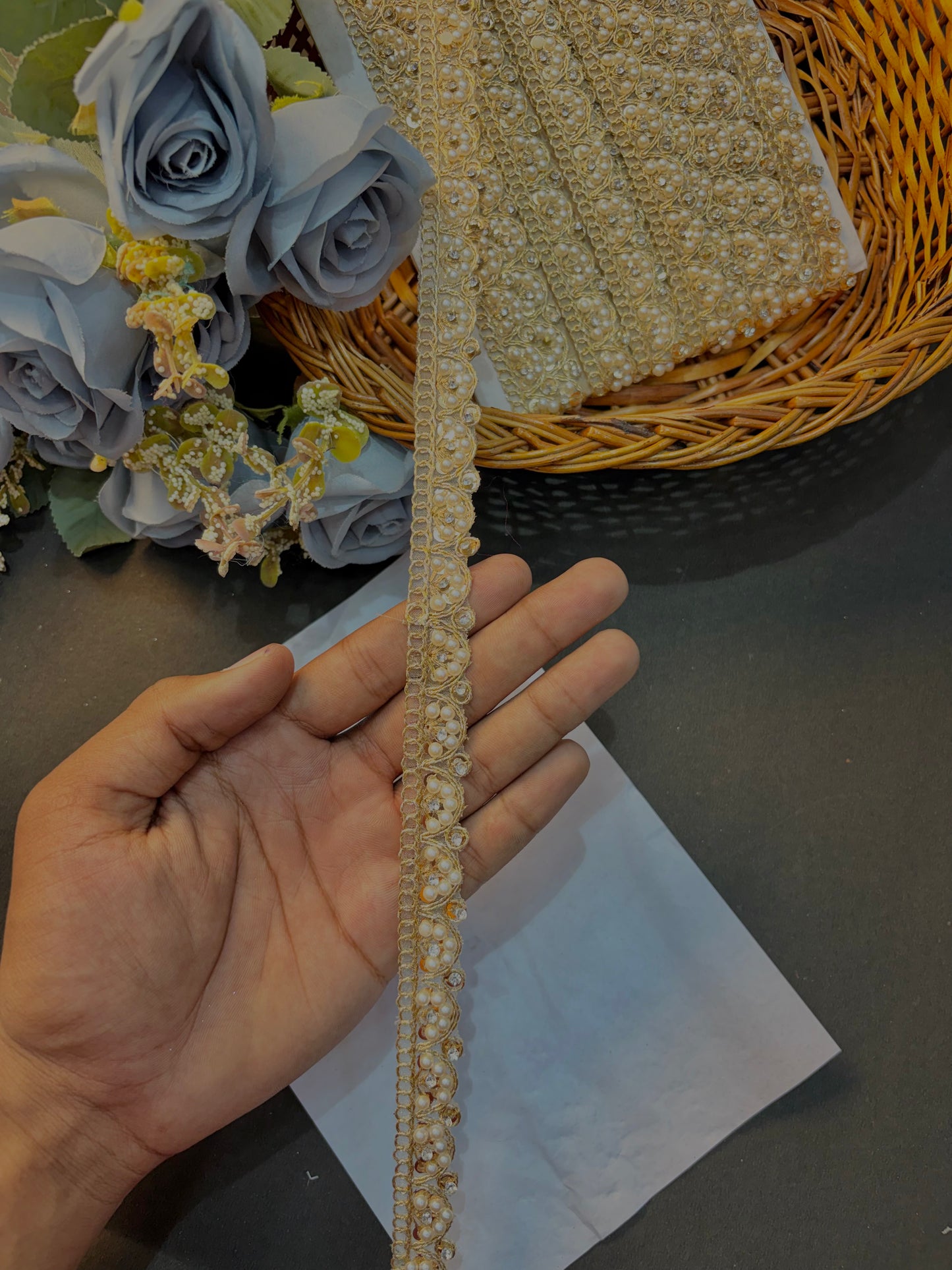 White Pearl & Stone Lace Border | Designer Saree, Dupatta, Lehenga, Blouse Trim Elegant Wedding & Craft Decoration Lace (pack of 9 meter)