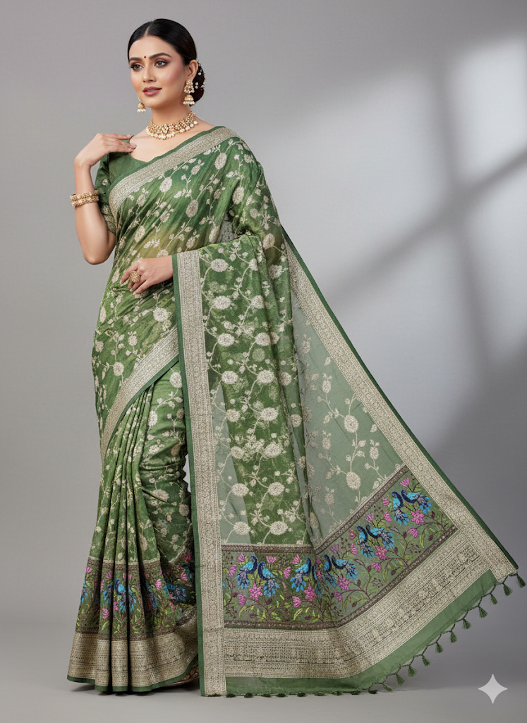 Paitanick Banarasi Jacquard Silk Fabric with Peacock Embroidery Border | Floral Zari Design Fabric 44-45 inch width