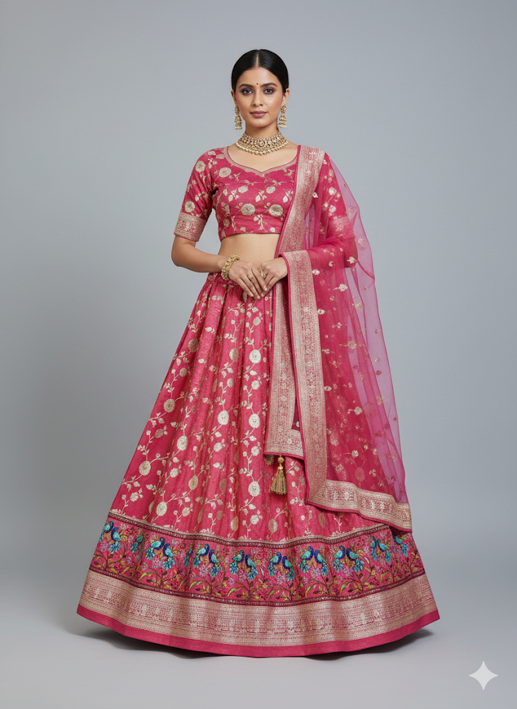 Paitanick Banarasi Jacquard Silk Fabric with Peacock Embroidery Border | Floral Zari Design Fabric 44-45 inch width