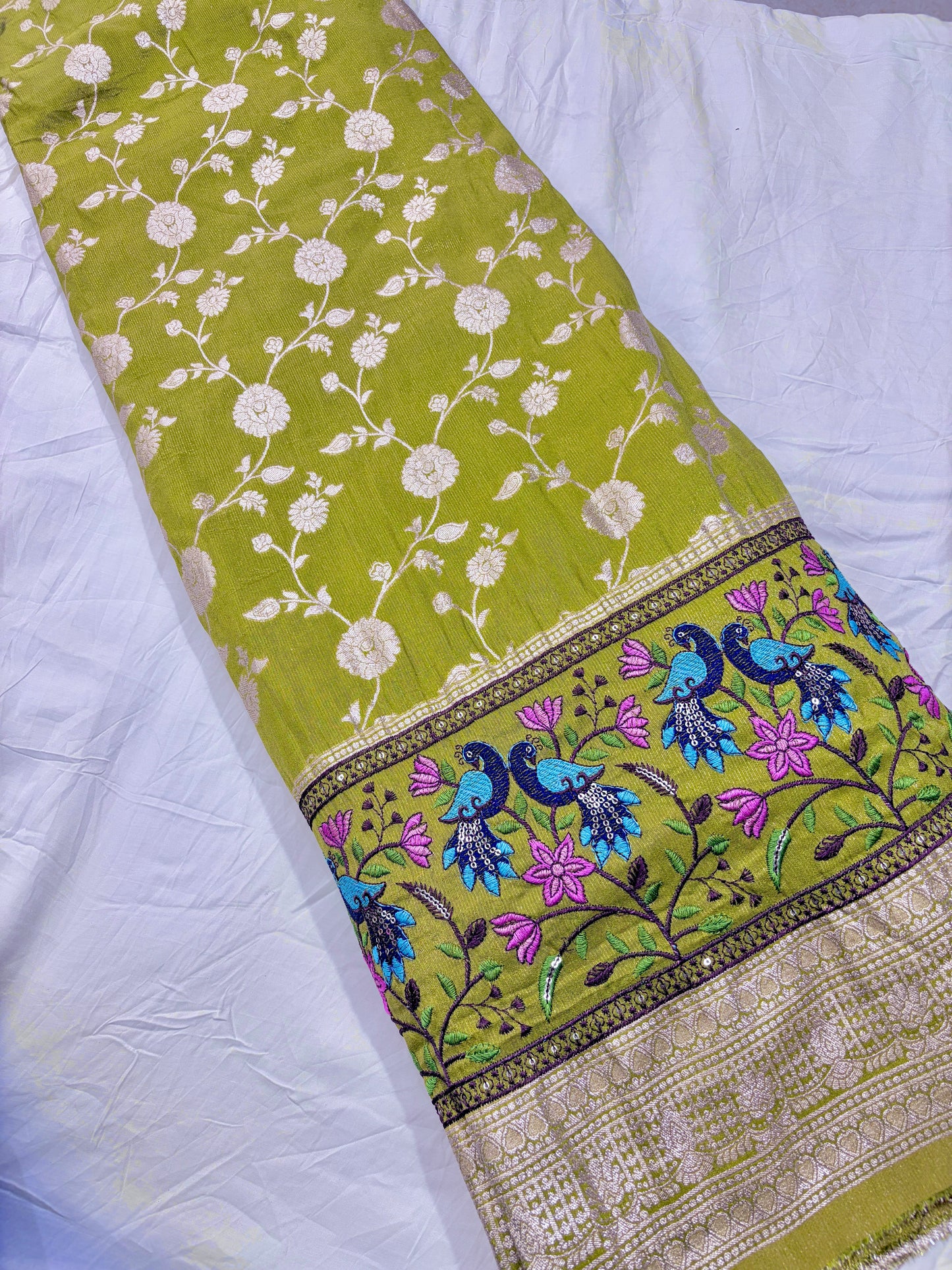 Paitanick Banarasi Jacquard Silk Fabric with Peacock Embroidery Border | Floral Zari Design Fabric 44-45 inch width