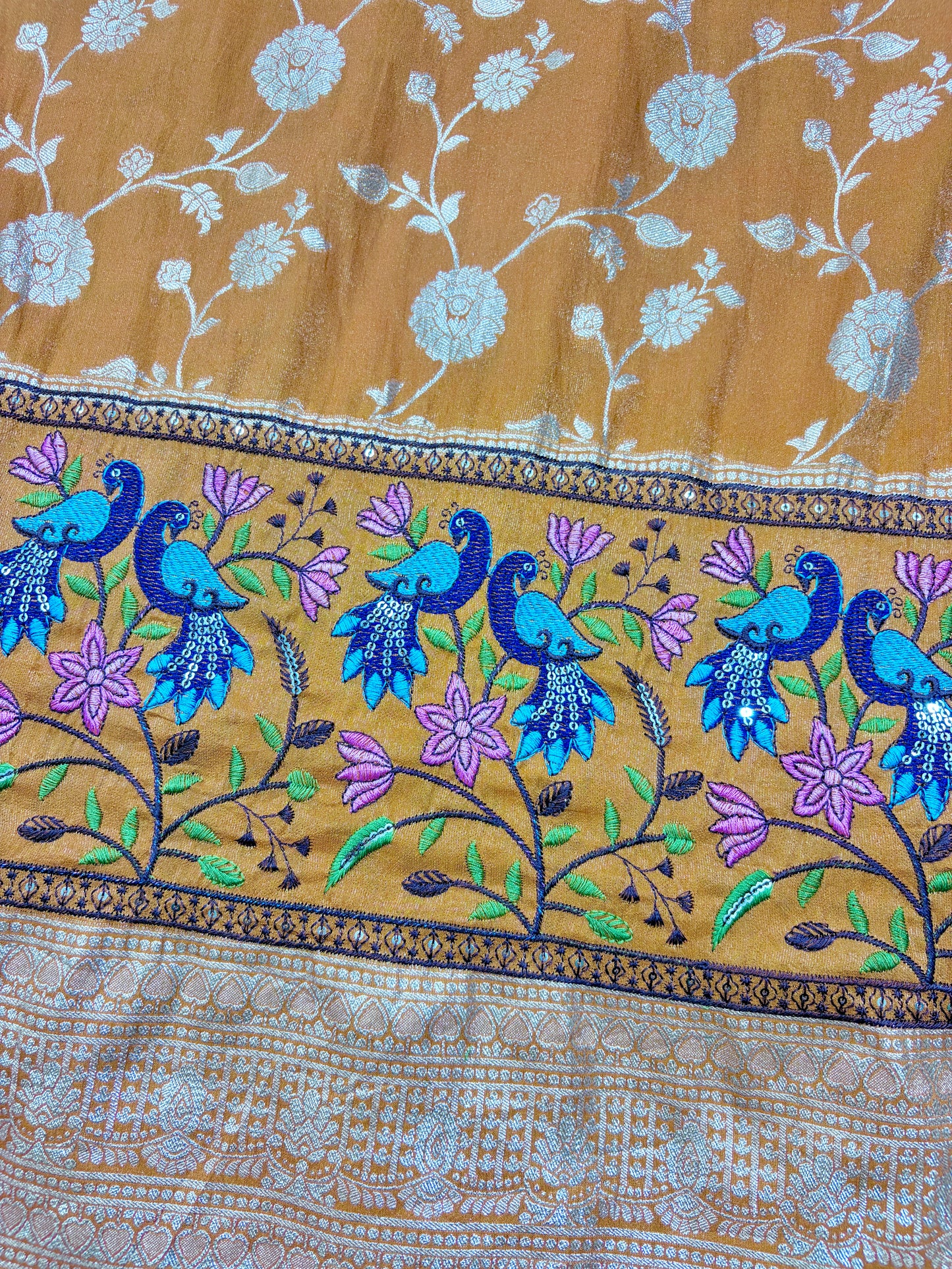 Paitanick Banarasi Jacquard Silk Fabric with Peacock Embroidery Border | Floral Zari Design Fabric 44-45 inch width