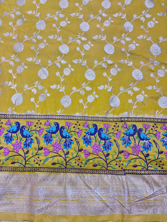 Paitanick Banarasi Jacquard Silk Fabric with Peacock Embroidery Border | Floral Zari Design Fabric 44-45 inch width