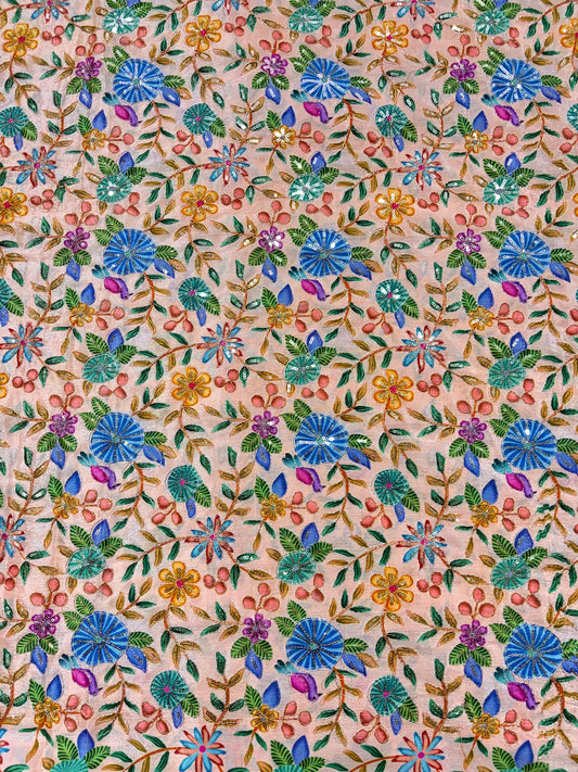 🥰 Pure Chinon Fabrics Multi Flower Print with Zari Work (44 width)