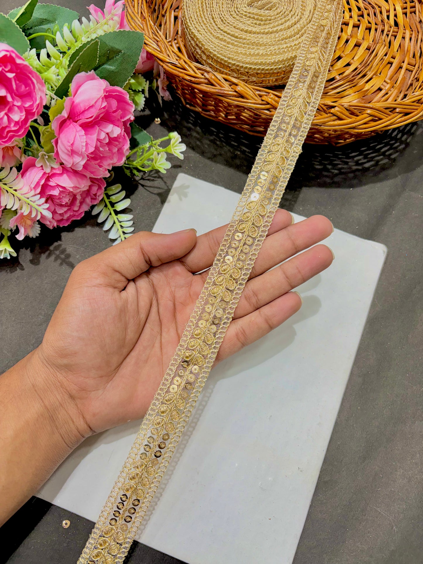 Golden Sequin Embroidered Lace Border (pack of 9 meter)
