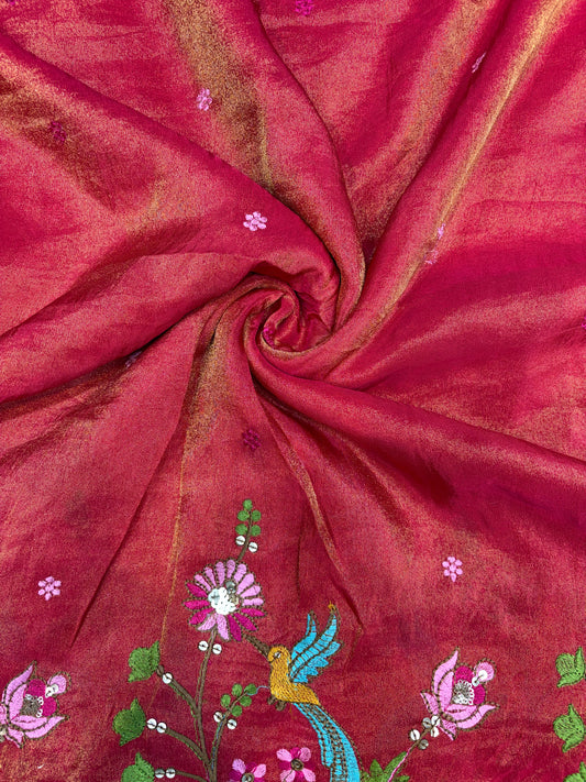 😍❤️Pure Tissue Zari Fabrics with Embroidery Deer 🦌 Design 🪡 44inch width