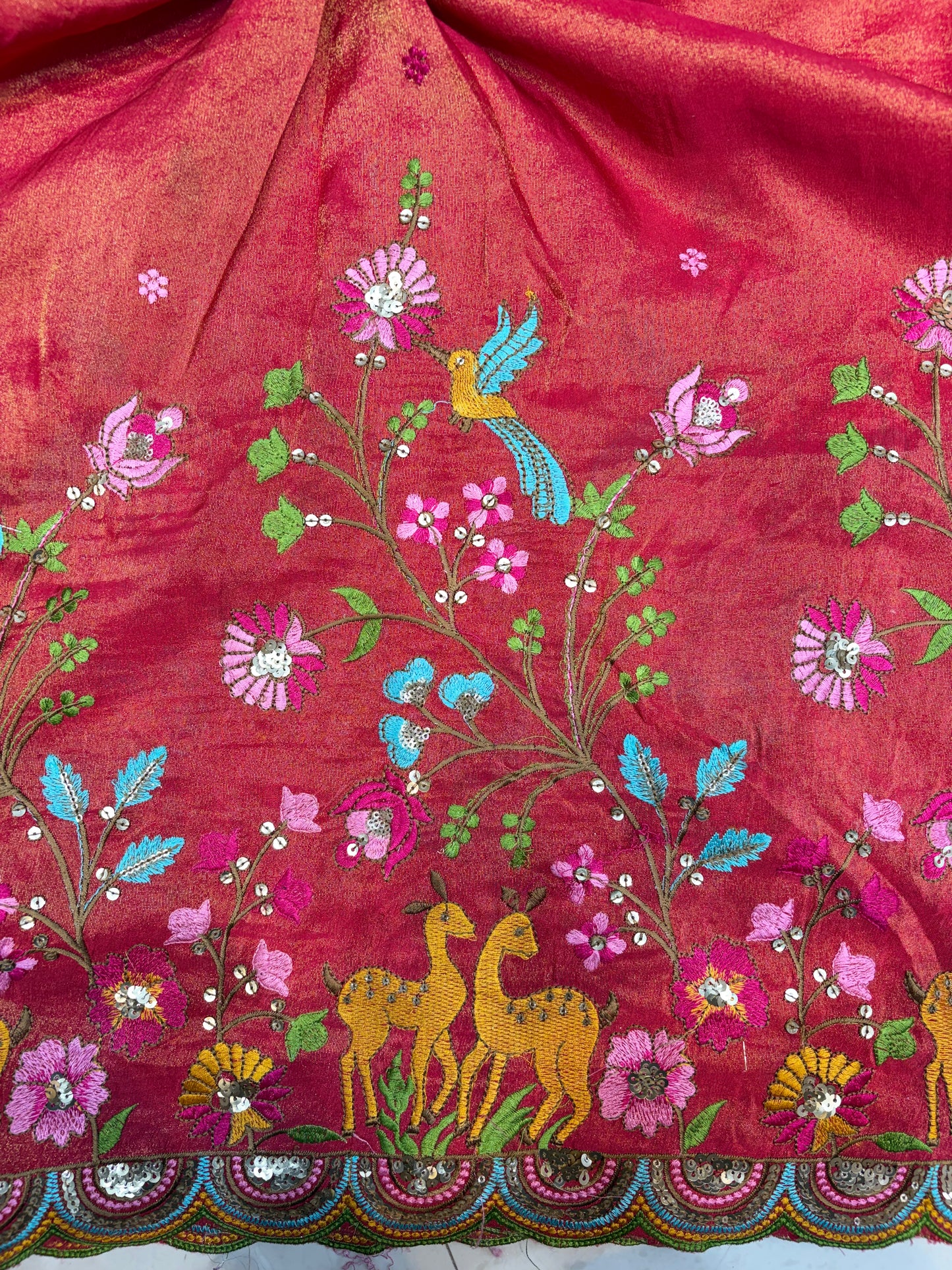 😍❤️Pure Tissue Zari Fabrics with Embroidery Deer 🦌 Design 🪡 44inch width