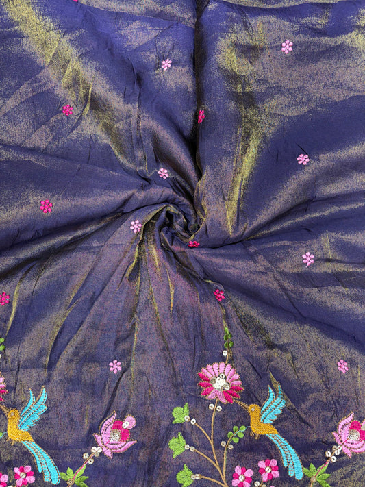 😍❤️Pure Tissue Zari Fabrics with Embroidery Deer 🦌 Design 🪡 44inch width