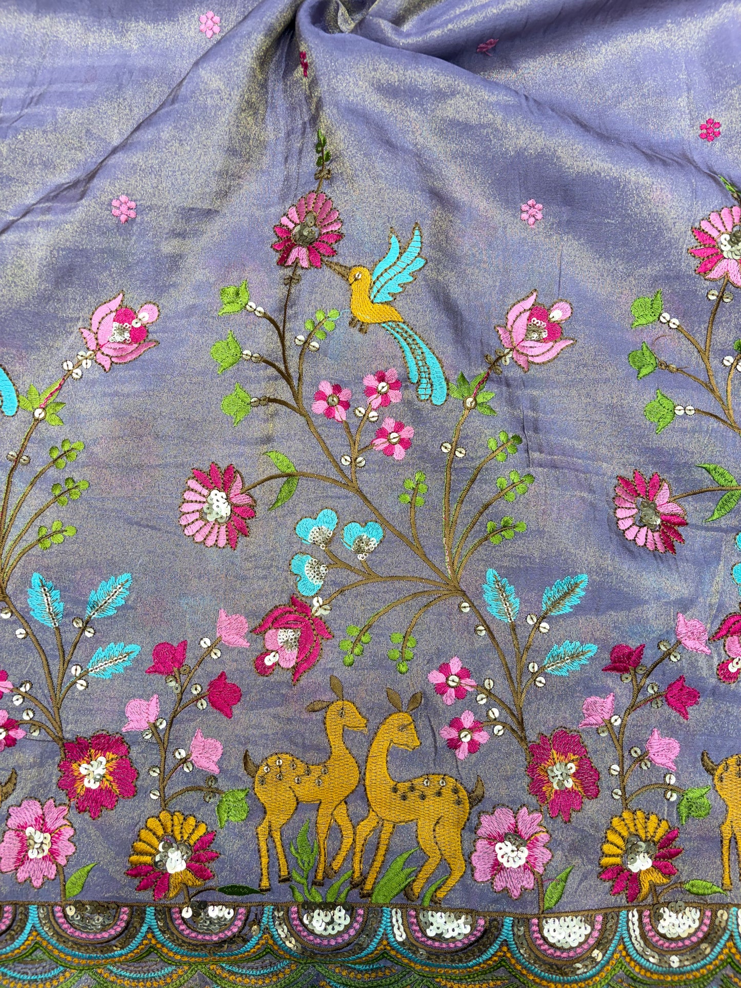 😍❤️Pure Tissue Zari Fabrics with Embroidery Deer 🦌 Design 🪡 44inch width