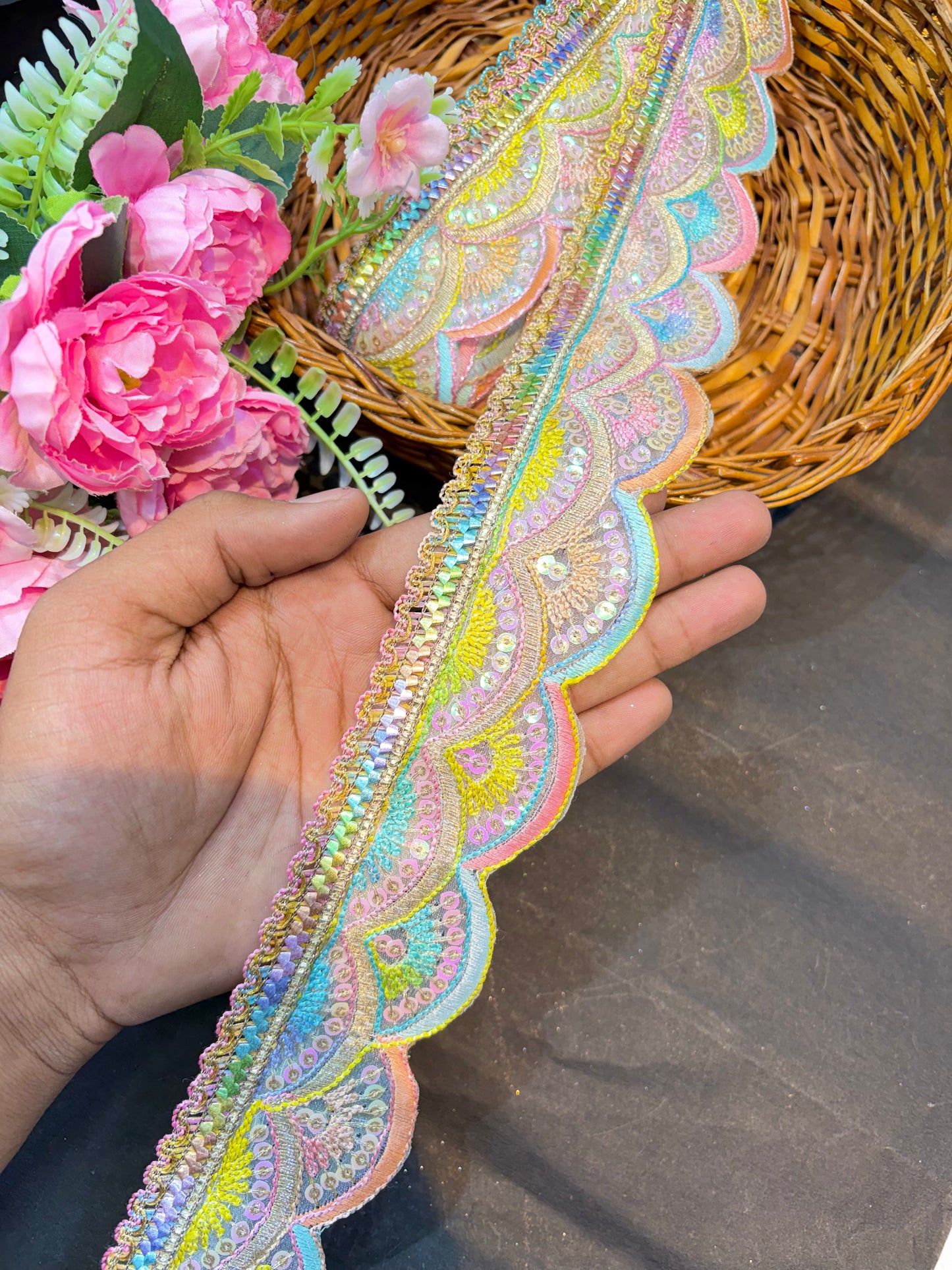 Affordable Multicolour Embroidered Lace Designs – Elegant Border Trim for Sarees, Dupattas & Lehengas (9 Meter, 2Inch Width)