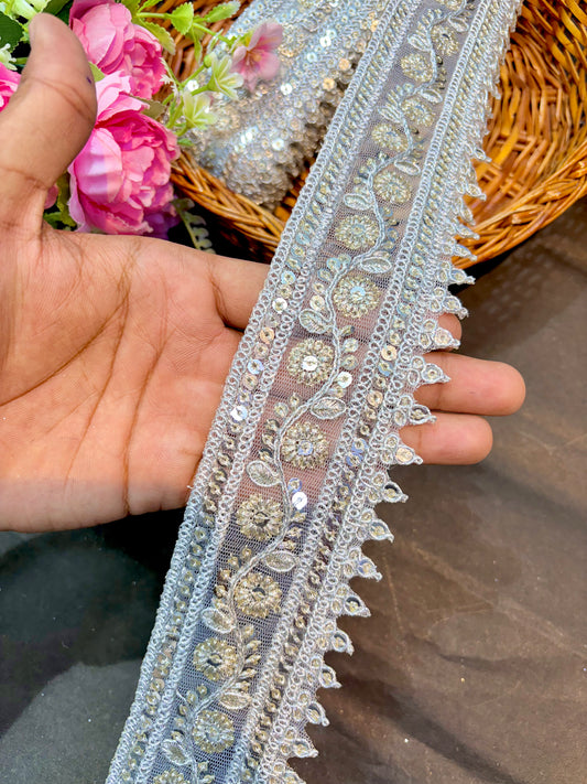 Premium silver Floral Embroidered Sequin Lace Border 2.5inch width