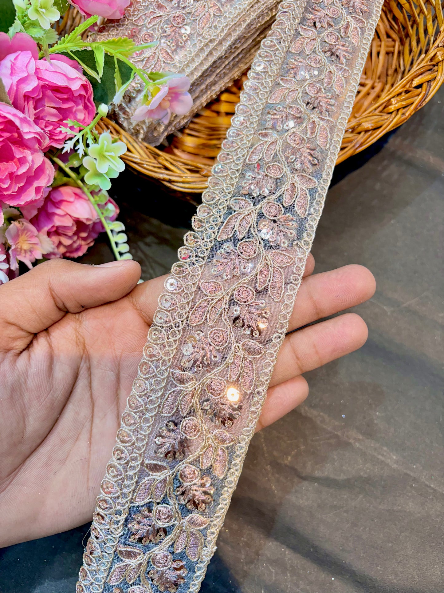 Premium Floral Embroidered Sequin Lace Border 2inch width (pack of 9 meter ) rose gold