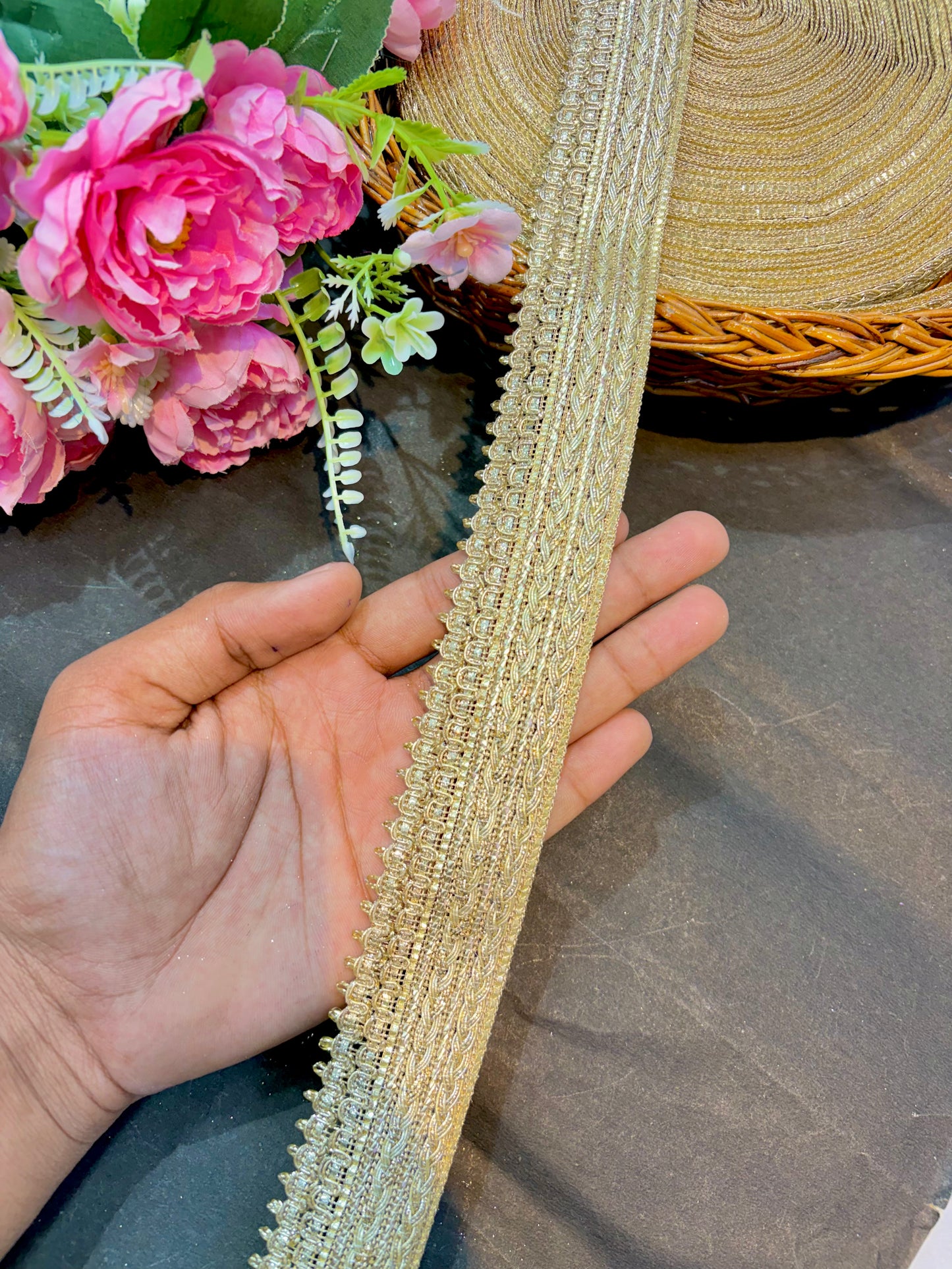 gold Embroidered Lace Designs – Elegant Border Trim for Sarees, Dupattas & Lehengas (9 Meter, 2Inch Width) | Golden