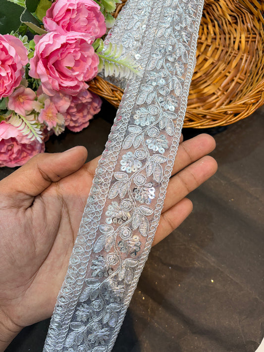 Premium Floral Embroidered Sequin Lace Border 2inch width (pack of 9 meter ) silver