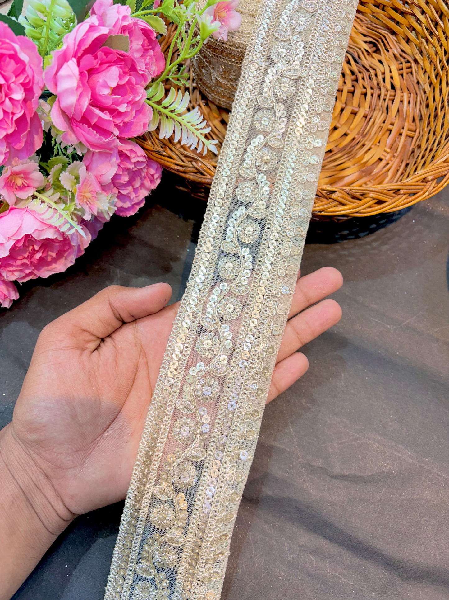 Premium silver Floral Embroidered Sequin Lace Border 2.5inch width