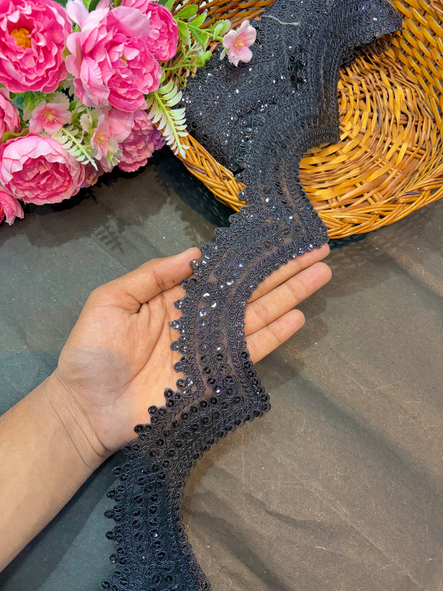 gorgeous black sequence cut work lace border black ( pack of 9 meter )