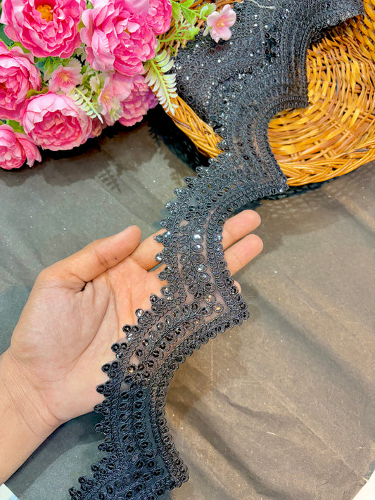gorgeous black sequence cut work lace border black ( pack of 9 meter )